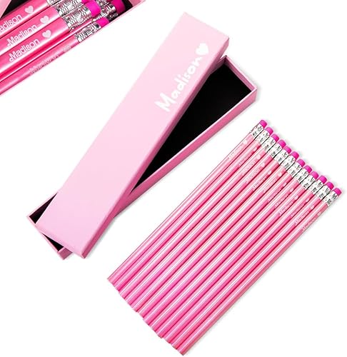 Lápices personalizados con nombre rosa HB, juego de 12 lápices con borrador en una delicada caja para el regreso a la escuela, niñas, niños,