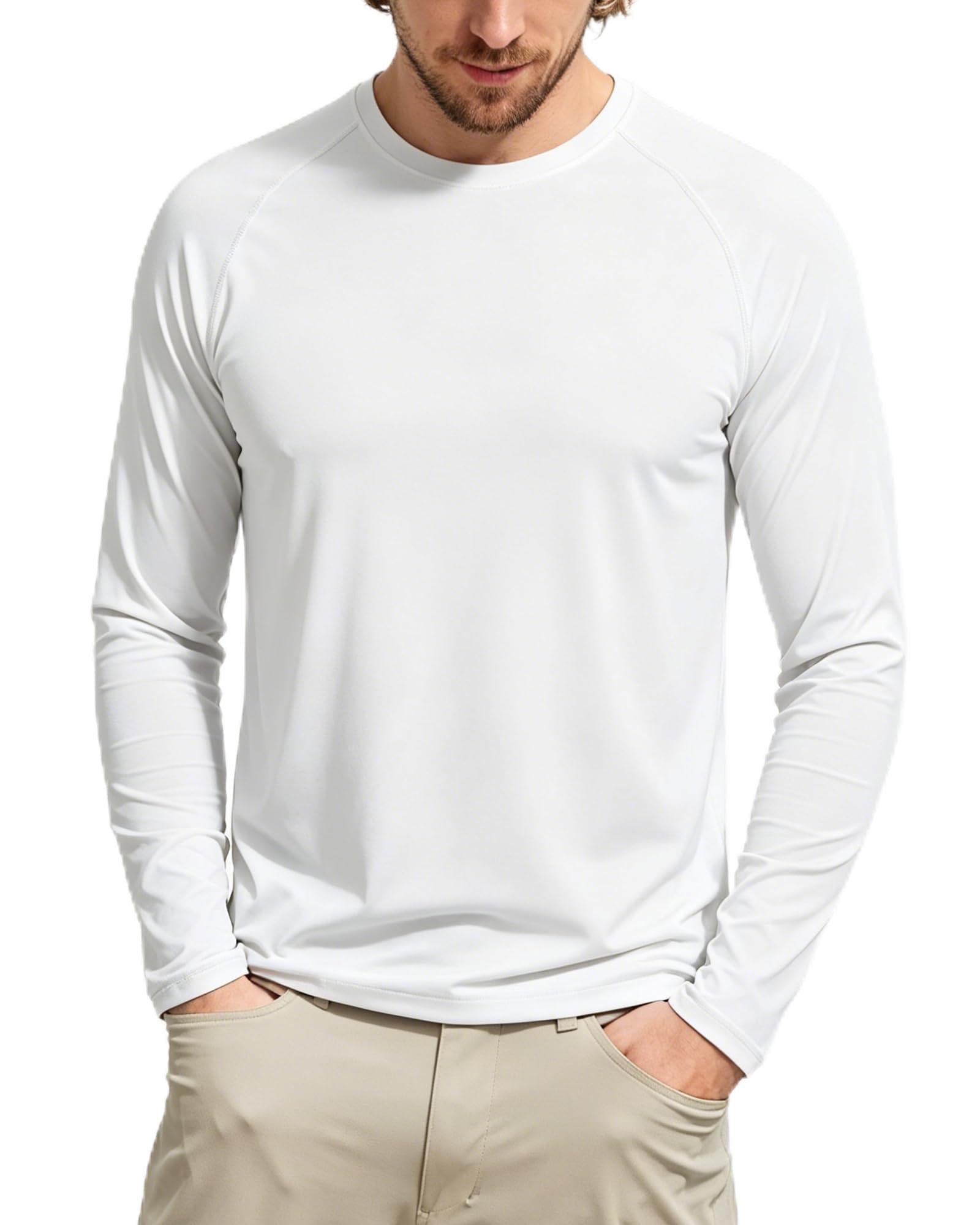 Tansozer Langarmshirt Herren UV Schutz Schwimmshirt Langarm Funktionsshirt Sommer Tshirt Leicht Dünn Longsleeve Sport, Weiß, L