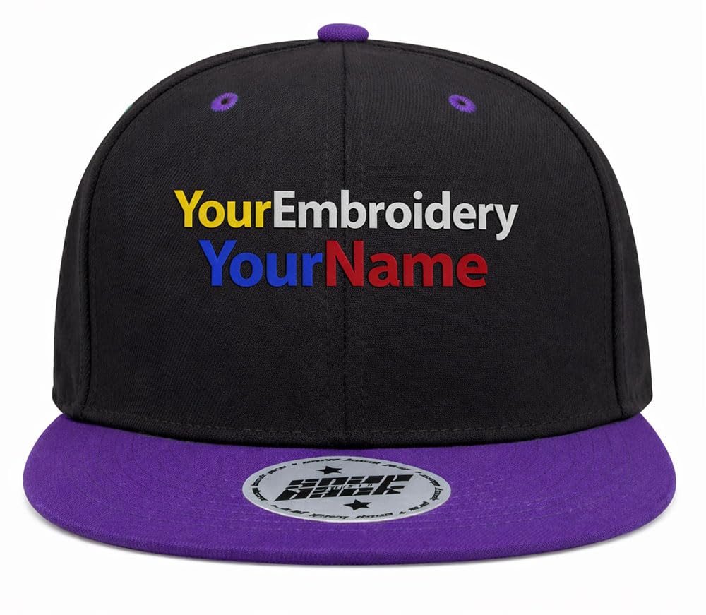 Mfaz Morefaz Ltd Unisex Black-Purple Snapback Cap Flat Peak Personalised Your Own Embroidery Hats Custom Name,Text Embroidered (Black-Purple)