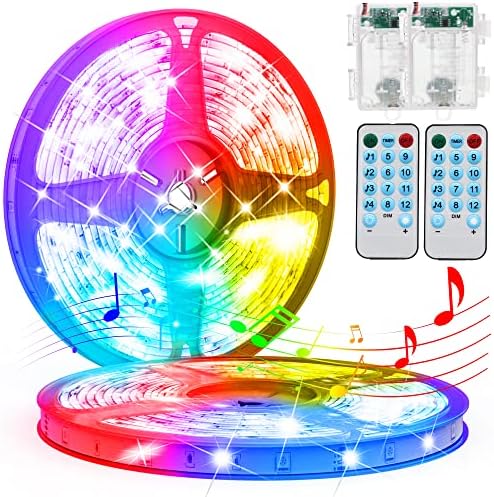 SILFU 2 Pack Battery Powered Led Strip Lights 10ft Outdoor Battery Operated Led Lights Waterproof Led Lights for Cupboard Computer Bedroom Kitchen Room Decoration Fixed Color (Multi-Colored)