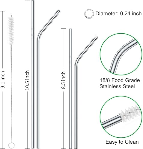 Miniatura 2 de Vinaco Pajitas de acero inoxidable reutilizables, paquete de 12 pajitas de metal de 8.5 pulgadas y 10.5 pulgadas de 0.24 pulgadas para vasos de 20