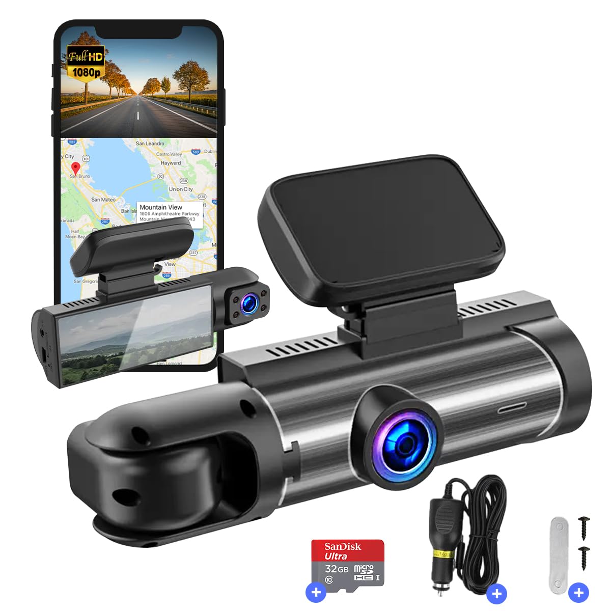 Fleau Tech Dashcam do samochodu - Zawiera WIFI i aplikację - Rejestrator jazdy z podwójnym obiektywem - Detekcja ruchu i tryb parkowania - Czujnik G - Full HD - Obiektyw szerokokątny 170°