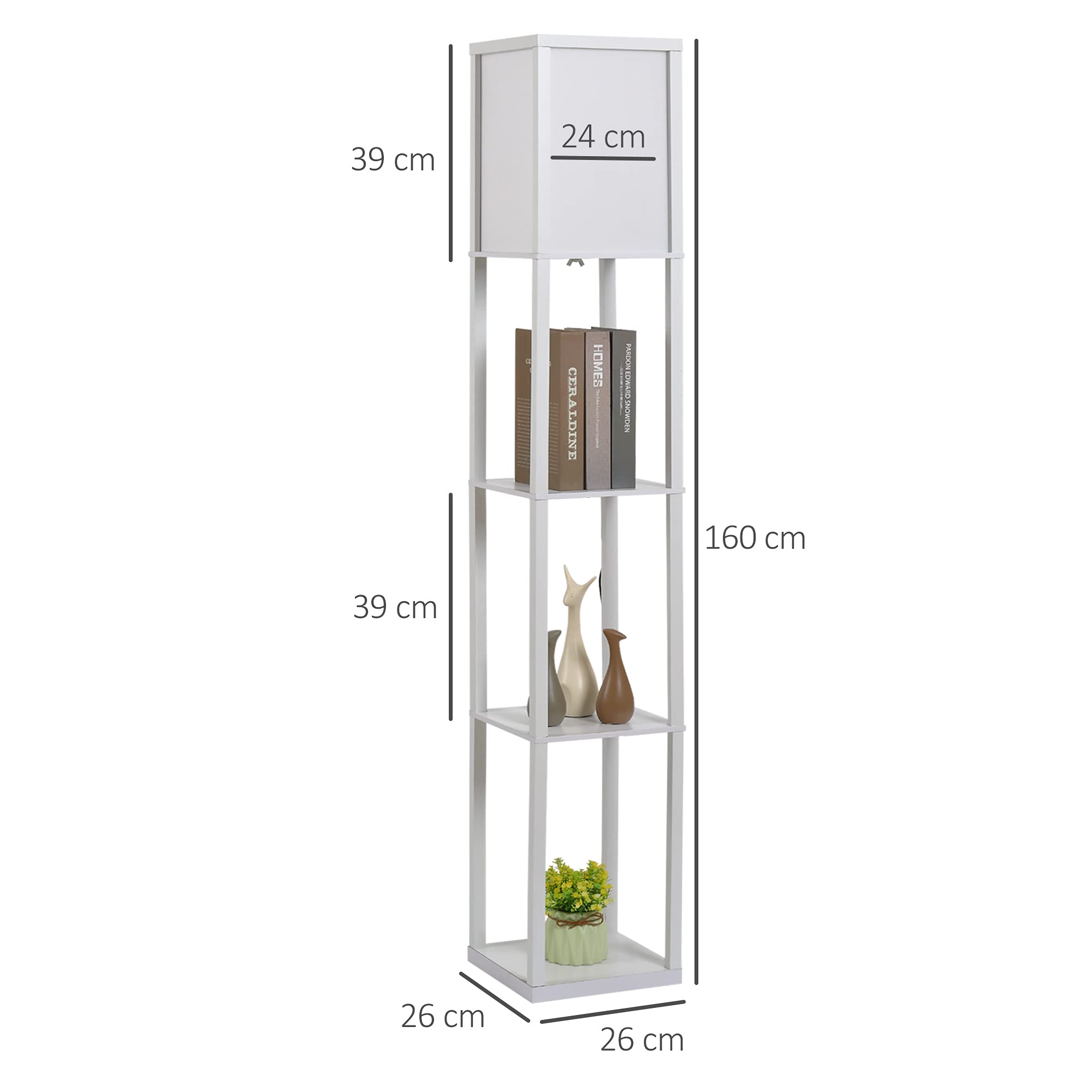 HOMCOM Lampada da Terra con 3 Mensole Integrate, Attacco E27 Potenza 40W, Arredamento Moderno in MDF, 26x26x160cm, Bianco