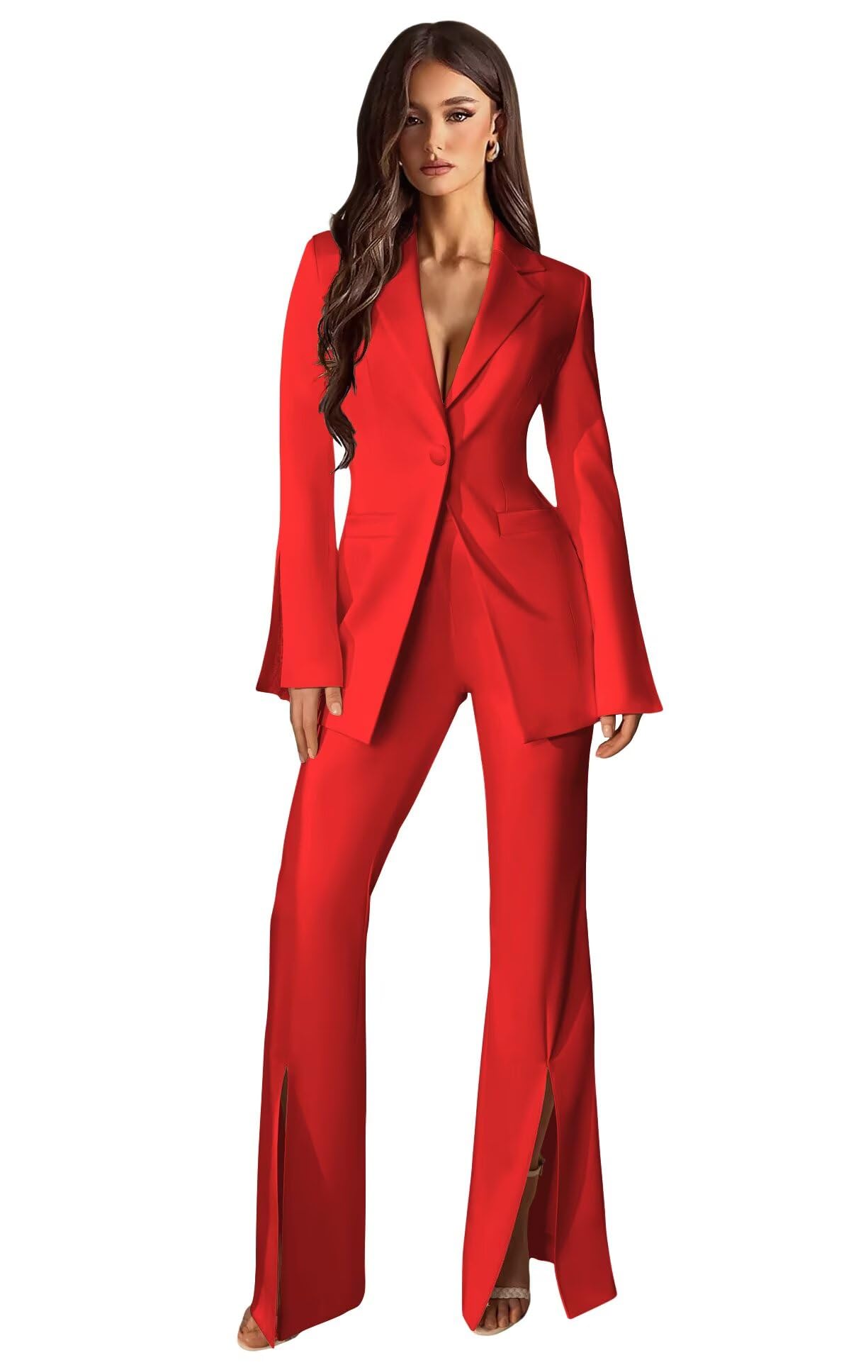 Fashion Pant Suits for Women Dressy 2 Piece Split Sleeve Notch Lapel Suits for Women Split Leg Womens