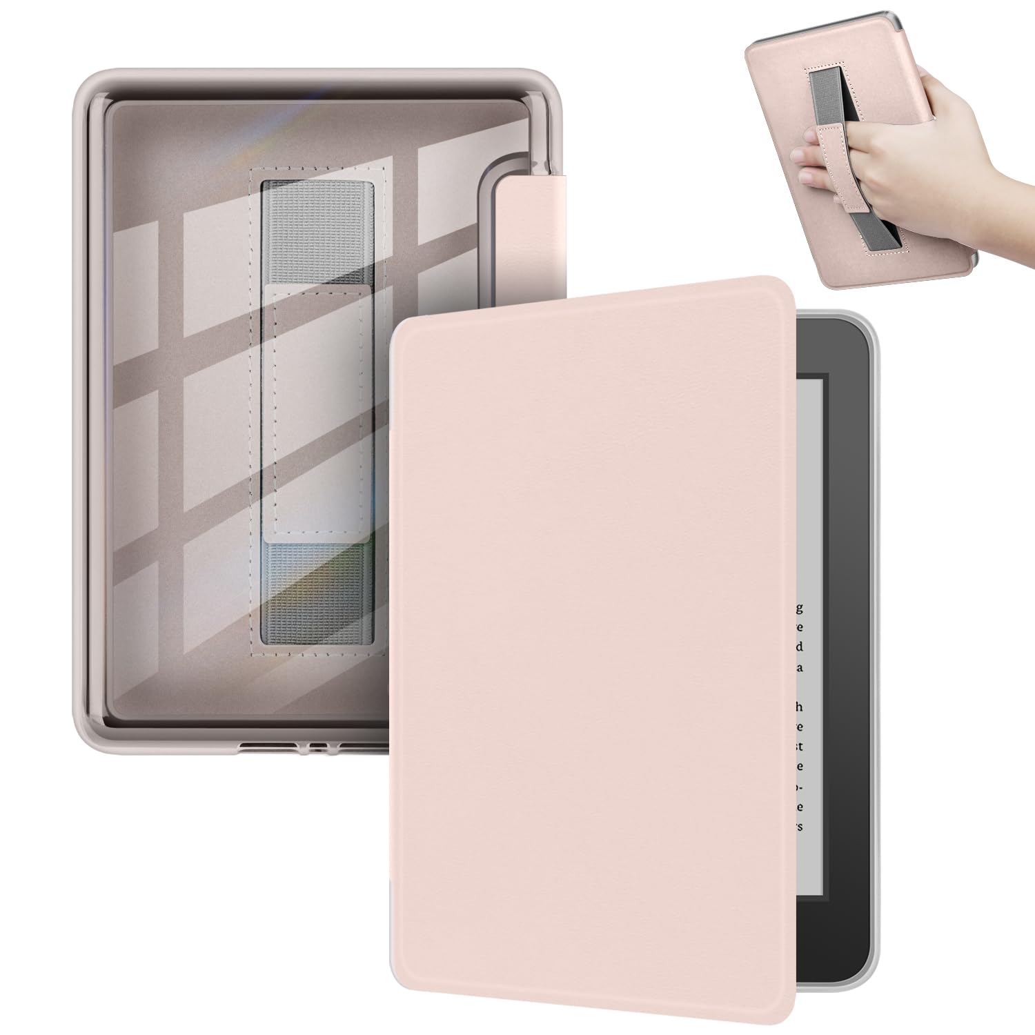 Custodia per Kindle Paperwhite 12th Generación 2024 7" e Kindle Colorsoft Signature Edition 7", con adesivi, cover in PU + retro rigido in TPU trasparente con cinturino, Auto Sleep/Wake, rosa