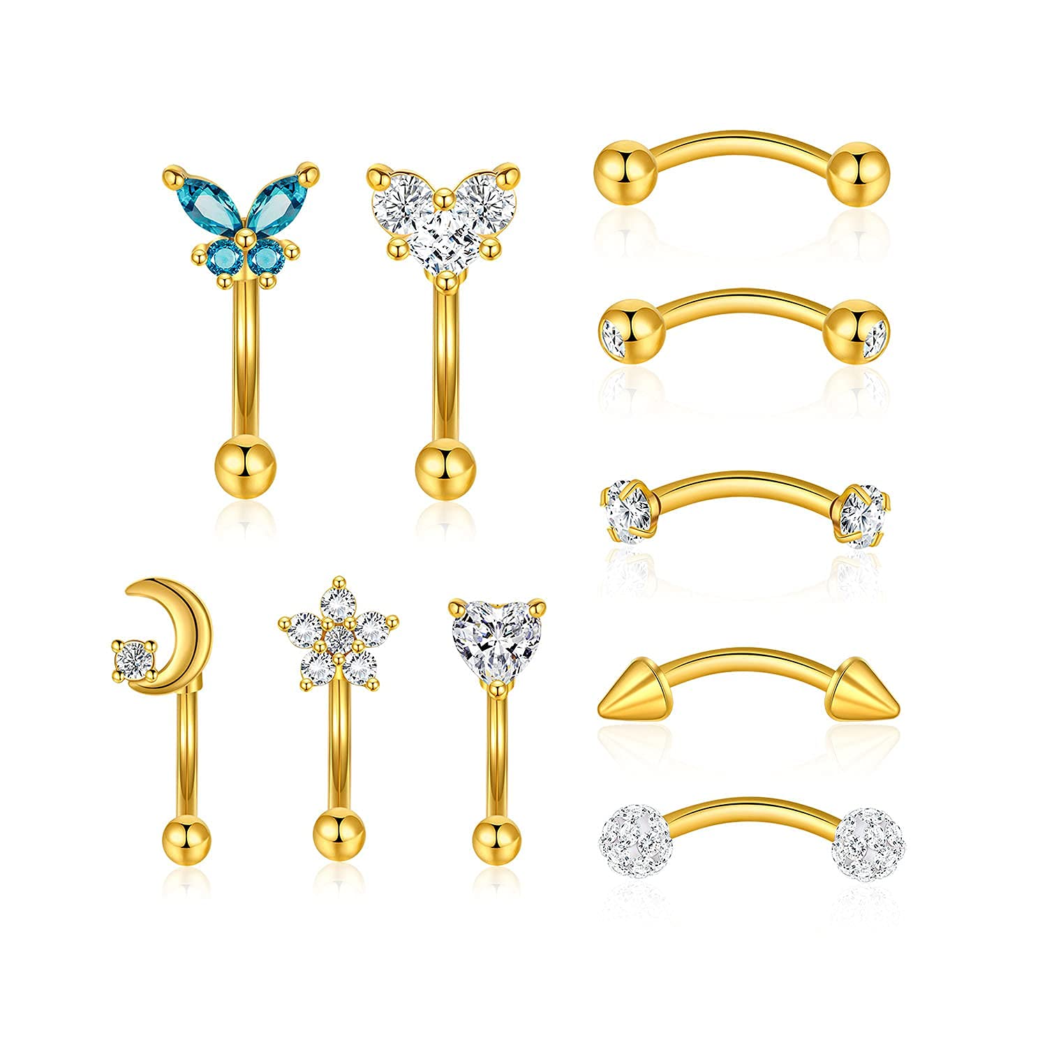 EVISPOL10Pcs Eyebrow Piercing Jewelry Eyebrow Rings 16G Curved Barbell Cartilage Earring Lip Belly Rings Daith Rook Earrings Helix Conch Piercing Tragus Earrings for Women Men