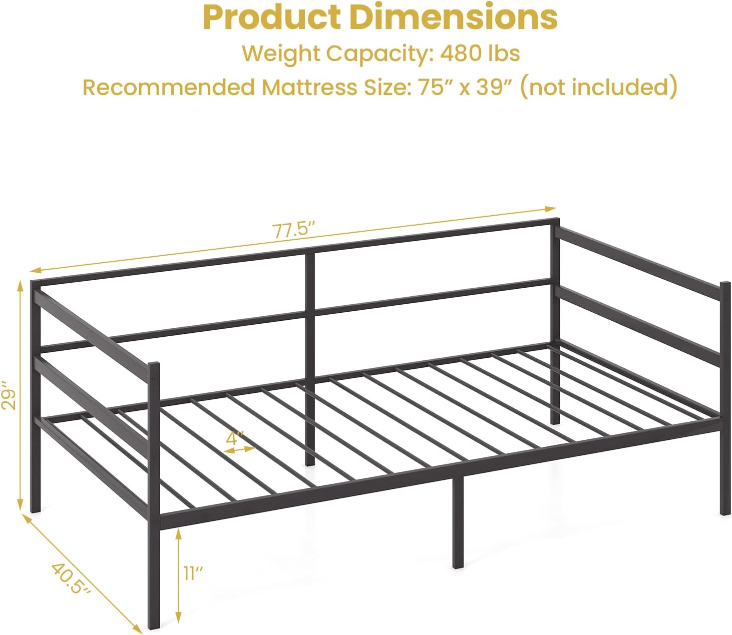 KOMFOTT Twin Size Metal Daybed Frame, Heavy-Duty Metal Slats Support Platform Bed, Home Sofa Bed with Storage, No Box Spring Needed, Easy Assembly, Mattress Foundation for Living Room, Guest Room