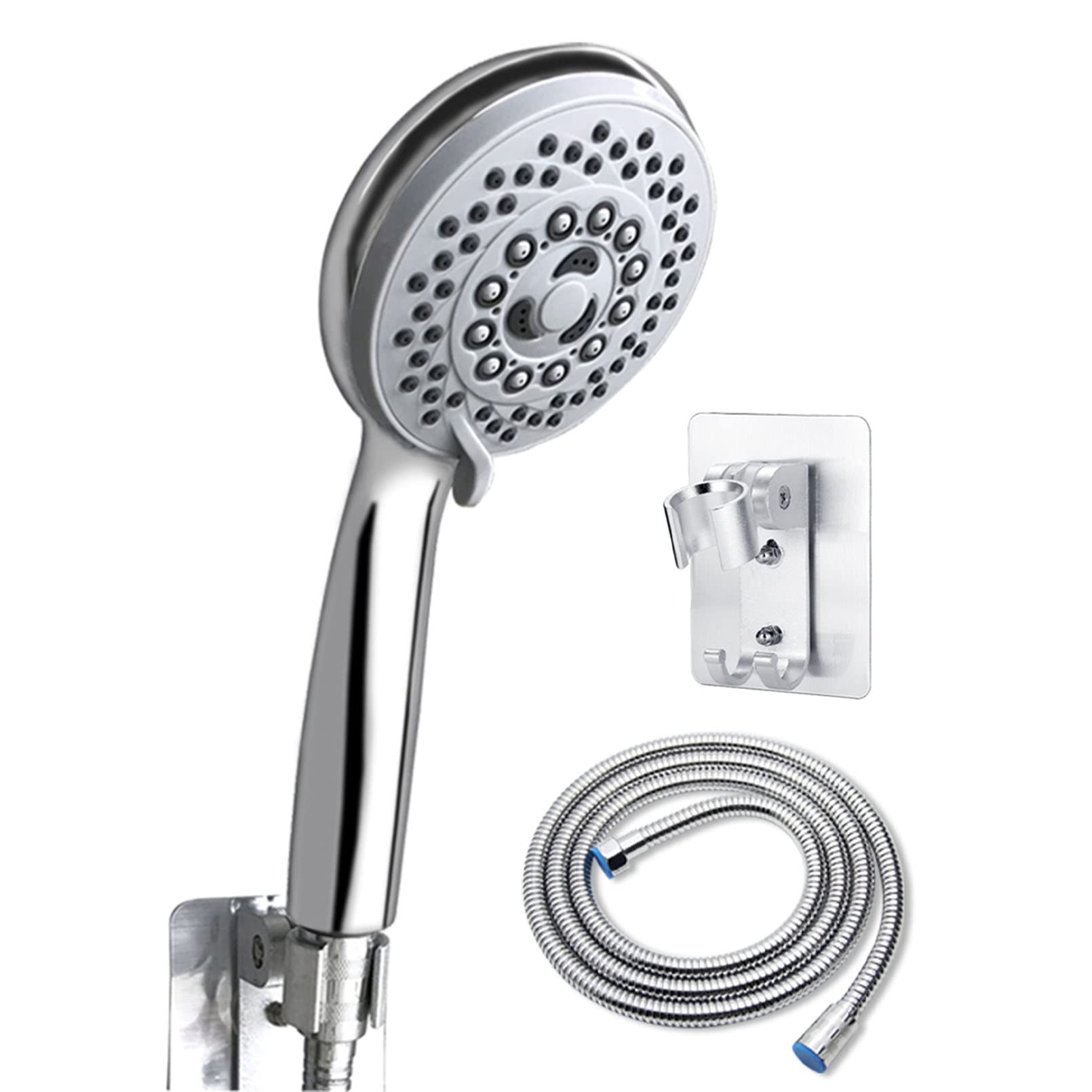 Cabezal de Ducha de Mano de Alta presión Combinado con Brazo de extensión Curvo Ajustable, 5 configuraciones, Soporte Adhesivo para Manguera de 78 Pulgadas, Acabado Cromado