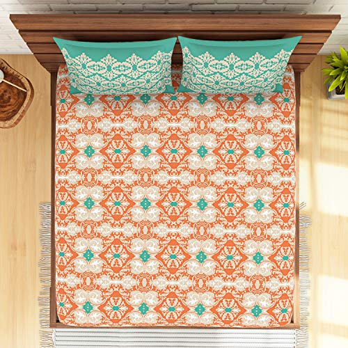 Image of Spaces Atrium Plus 210 TC 100% Cotton King Size Fitted Double Bedsheet with 2 Pillow Covers (Ornate, 72 inch X 78 inch Inches ) - Peach