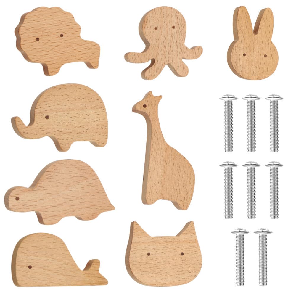 NAVESO 8 pomos de armario de madera para habitación de los niños, tiradores de armario de madera, tiradores de cajones de madera de animales, pomos decorativos de madera con tornillos, pomos para