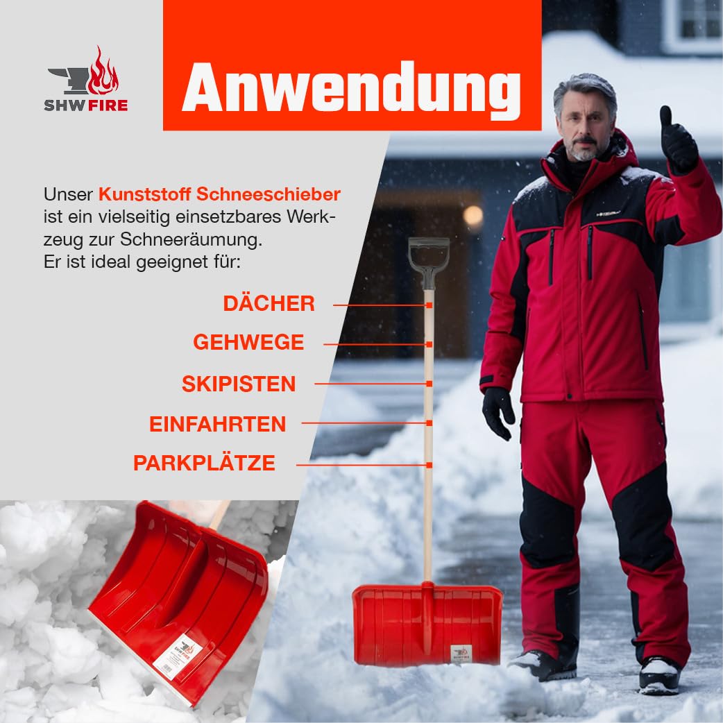 SHW-FIRE | Schneeschieber 50 cm breit, robuster Holzstiel, Schaufel aus Kunststoff, und Aluminiumkante, Schneeschaufel optimal für Schnee räumen auf Gehwegen & Einfahrten | Made in Germany