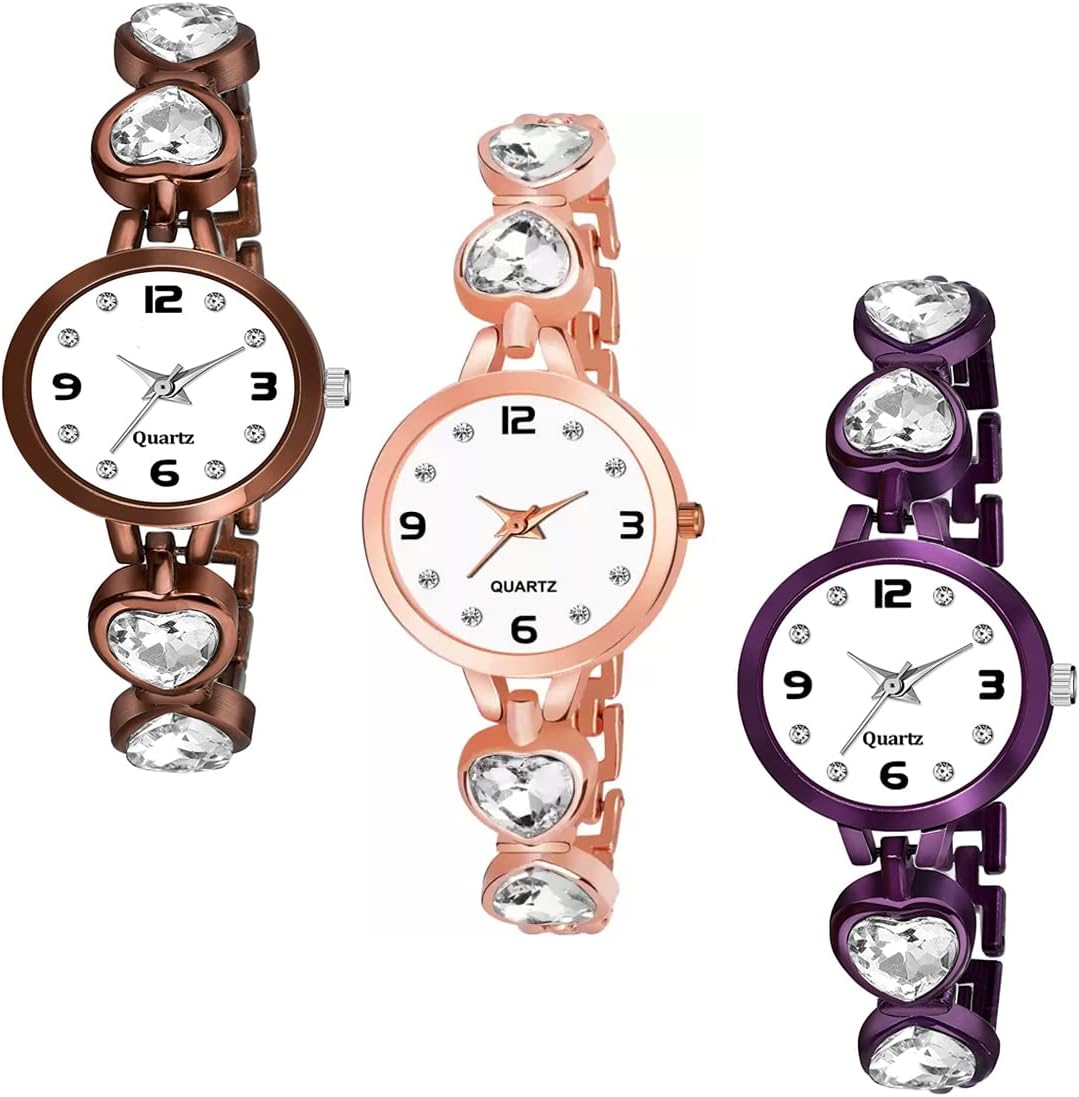 Goldenize fashionNew Analogue Stylish Multicolor Diamond Dial Multicolor Strap Women & Girl's Watch with Bracelet or Bracelet Watch (Pack of 3)
