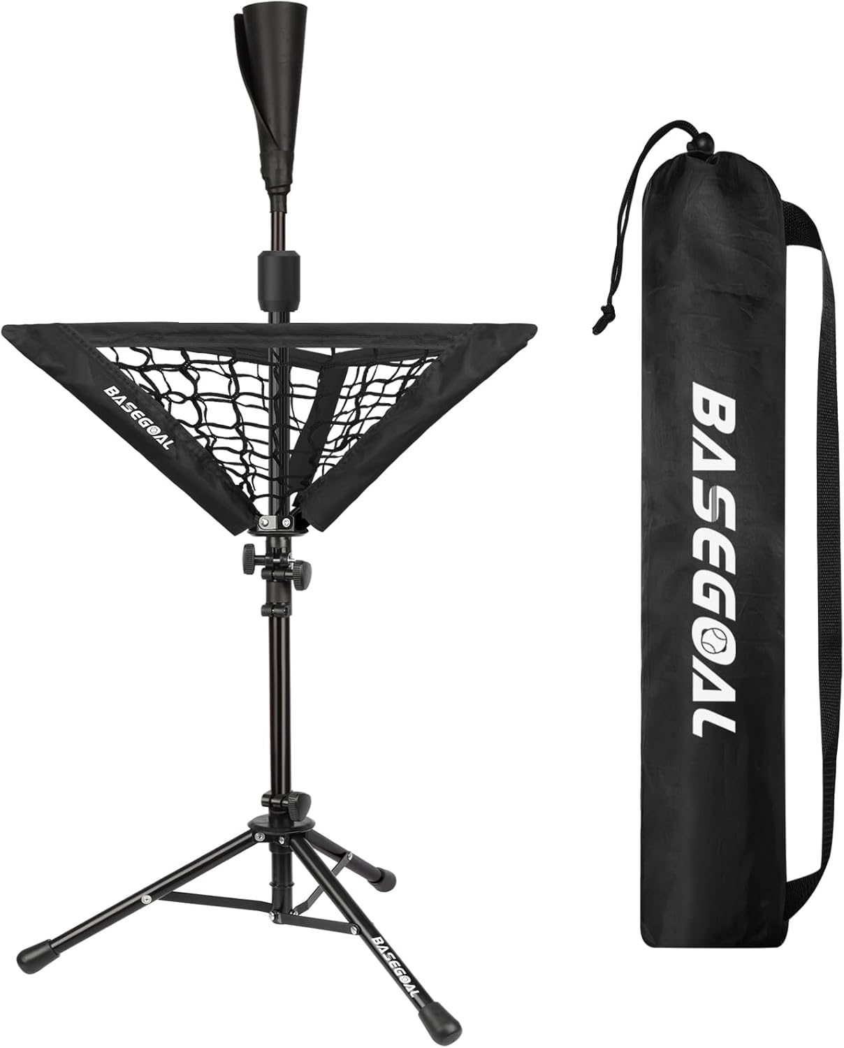 BaseGoal Baseball Softball Tee, Portable Batting Tee, Tripod Stand Rubber Tee for Hitting Training Practice with Removable Baseball Ball Caddy