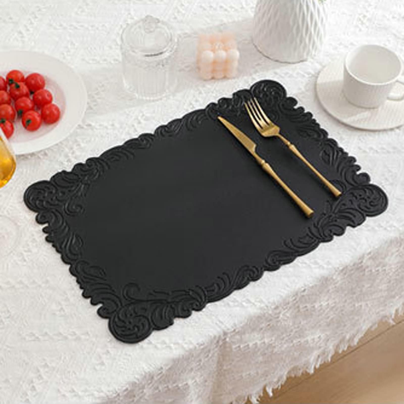 6Pièces Napperon Table Salle a Manger Lavable, 45 x 30 CM Noir Sets de Table Antidérapant Restaurant PVC, Couleur Unie avec Bords Floraux