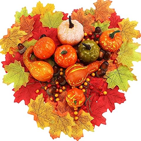Decoración Otoño Juego de 98 Piezas Calabazas de Halloween Calabazas de Cosecha de Simulación Hojas de Arce Bellota Bayas Cover