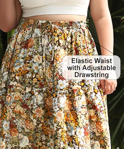 CARCOS Plus Size Skirts for Curvy Women Elastic High Waist Boho Maxi Skirt Pleated A-Line Tiered Long Skirts with Pockets3