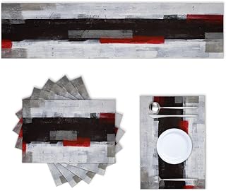 Cotton Linen Table Runner and Placemats Set of 6,Red Black and Grey Abstract Painting Home Table Decor for Dining Farmhouse Wedding Party Holiday Dinner,13X70 Inches