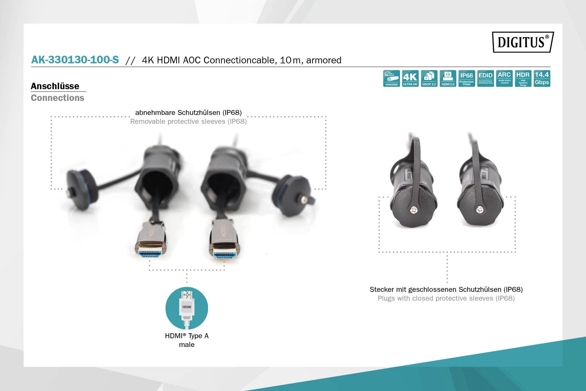 DIGITUS HDMI AOC cable híbrido de fibra óptica - 10m - HDMI 2.0 - 4k/60Hz - funda protectora blindada - IP68 - compatible con TV/beamer/monitor - negro