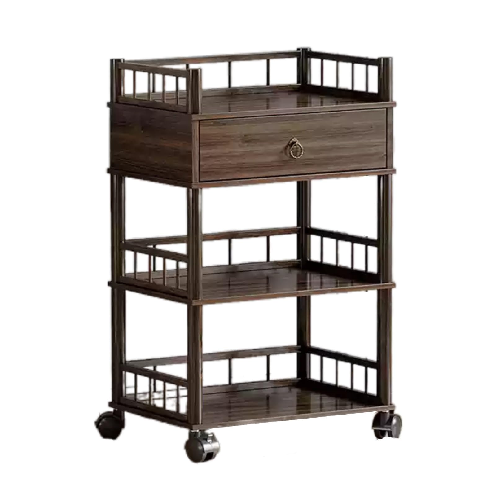 Barbershop Tool Trolley Shelf with Workbench Hairdressing and Beauty Rolling Trolley with Drawer,Three-layer Shelf Layered Storage,Convenient Universal Pulley,Suitable for Salon Spa Tattoo(Walnut,60x3