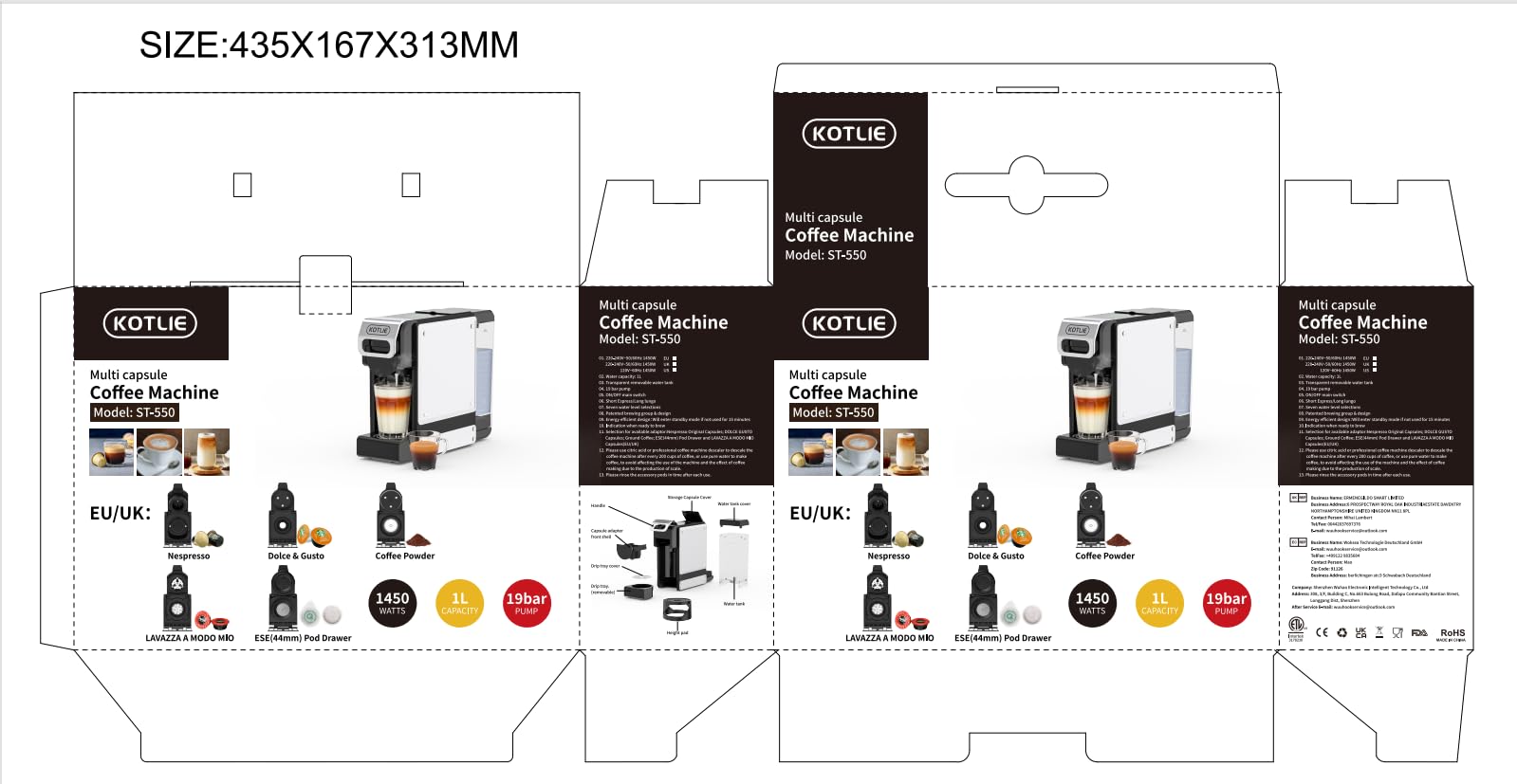 KOTLIE ST-550 ekspres do kawy na kapsułki, wielofunkcyjny ekspres do kawy na kapsułki 5 w 1, do Nespresso Original/do Dolce Gusto/A MODO MIO/ESE (44 mm) i kawy mielonej, 7 ustawień ilości wody