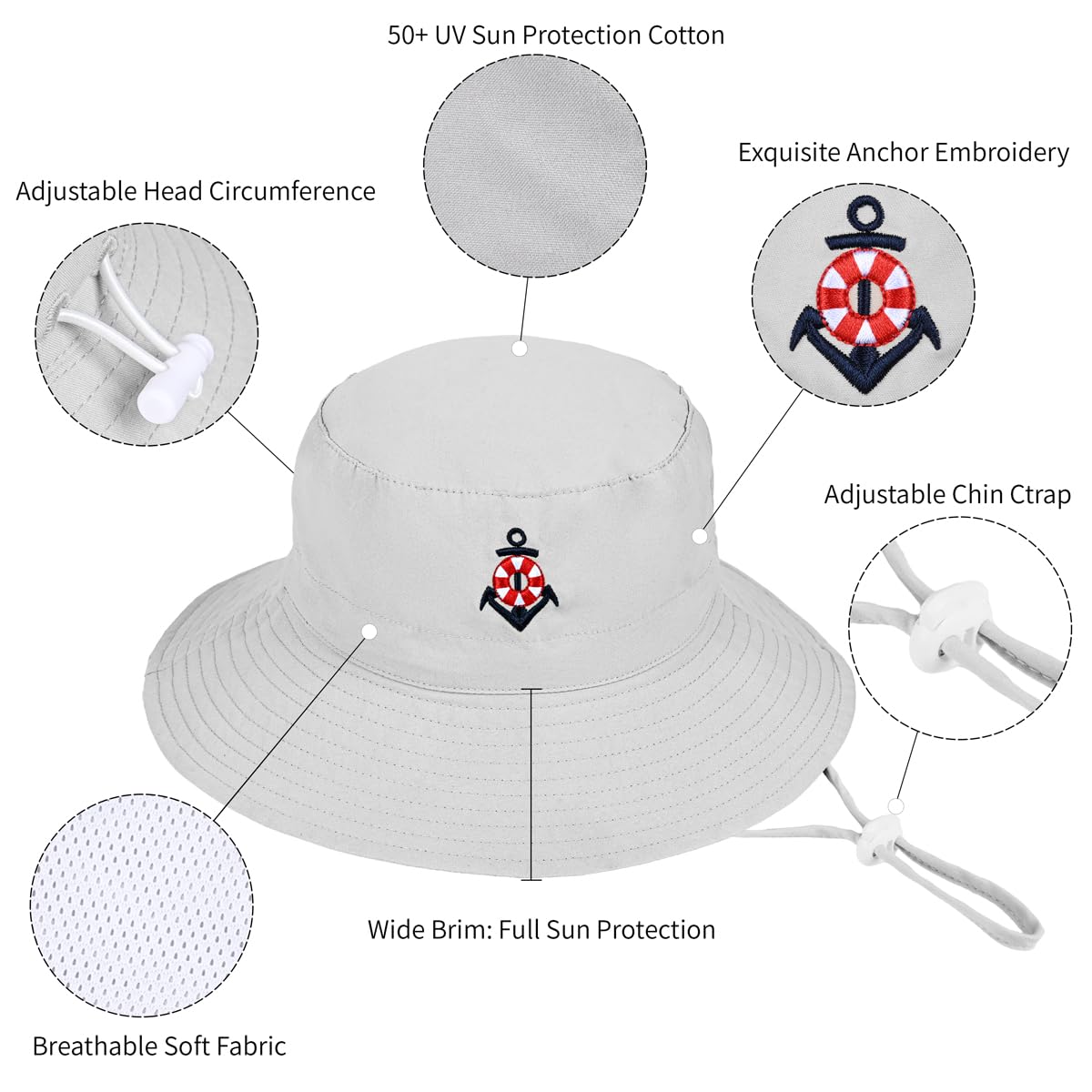 Baby Sun Hat Anchor UPF 50+ Sun Protective Little Kid Summer Bucket Hat Embroidery Beach hat for Boy Girl 1-3 Years