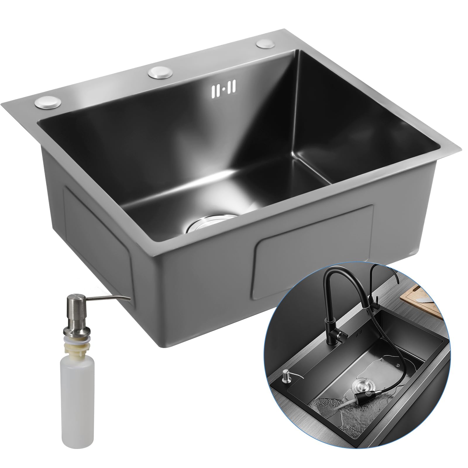Fregadero de cocina de acero inoxidable negro, empotrable, 50 x 45 cm, fregadero con escurridor, superficie mate, inoxidable, 20 cm de altura