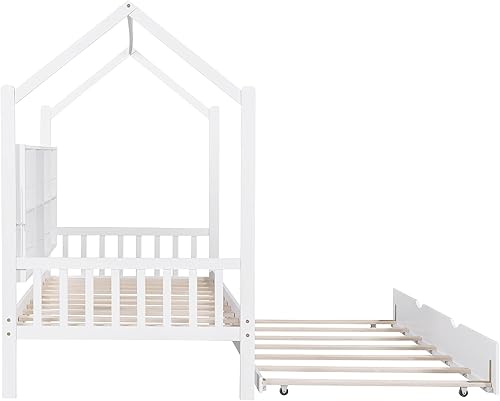 Miniatura 6 de Merax Sofá cama de madera completa con cama nido / estante de almacenamiento, cama de día para niños y niñas, no necesita somier, color blanco