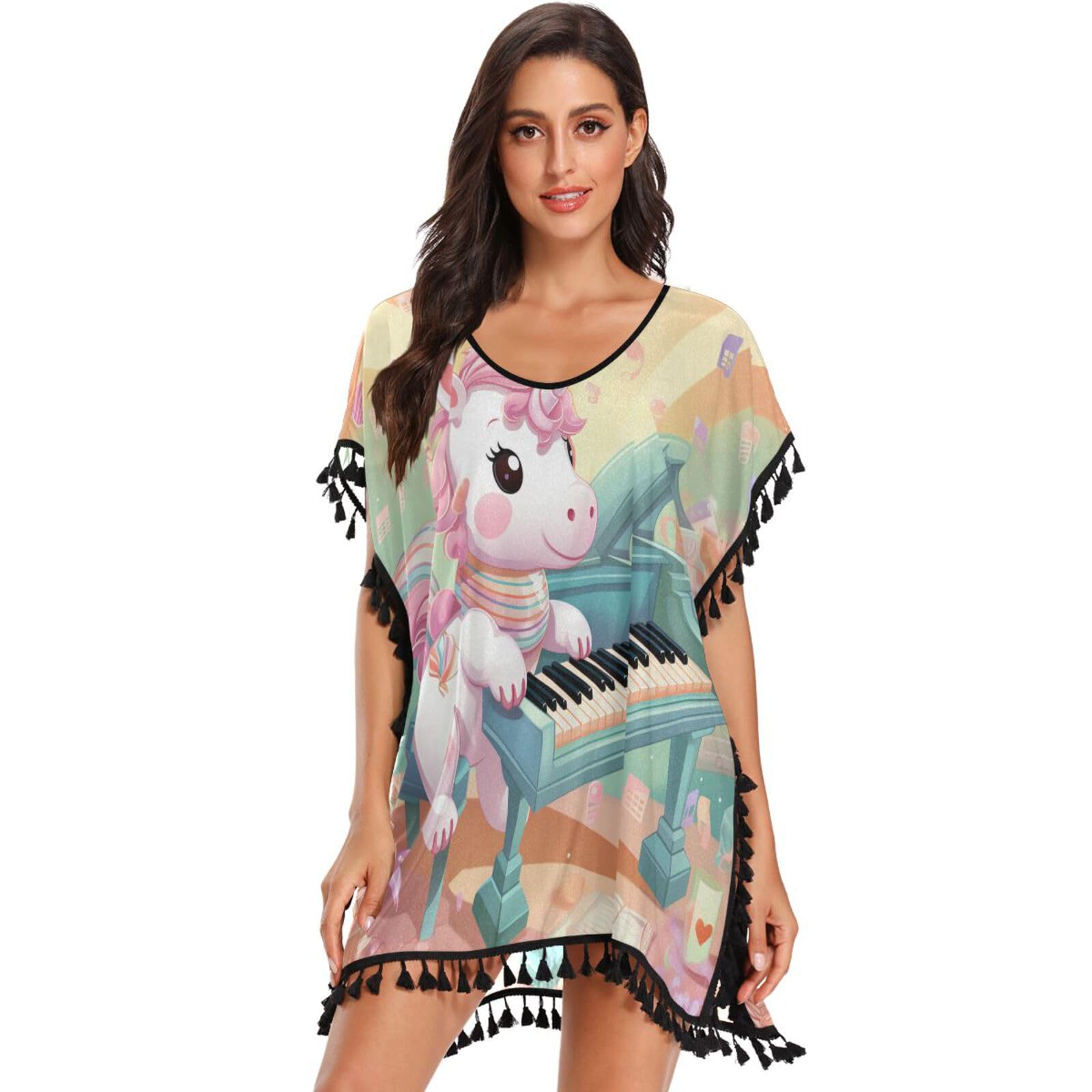 Cartoon Pink Unicorn Women's Beach Cover Up Chiffon Tassel Swimwear Swimsuit Coverups for Girl