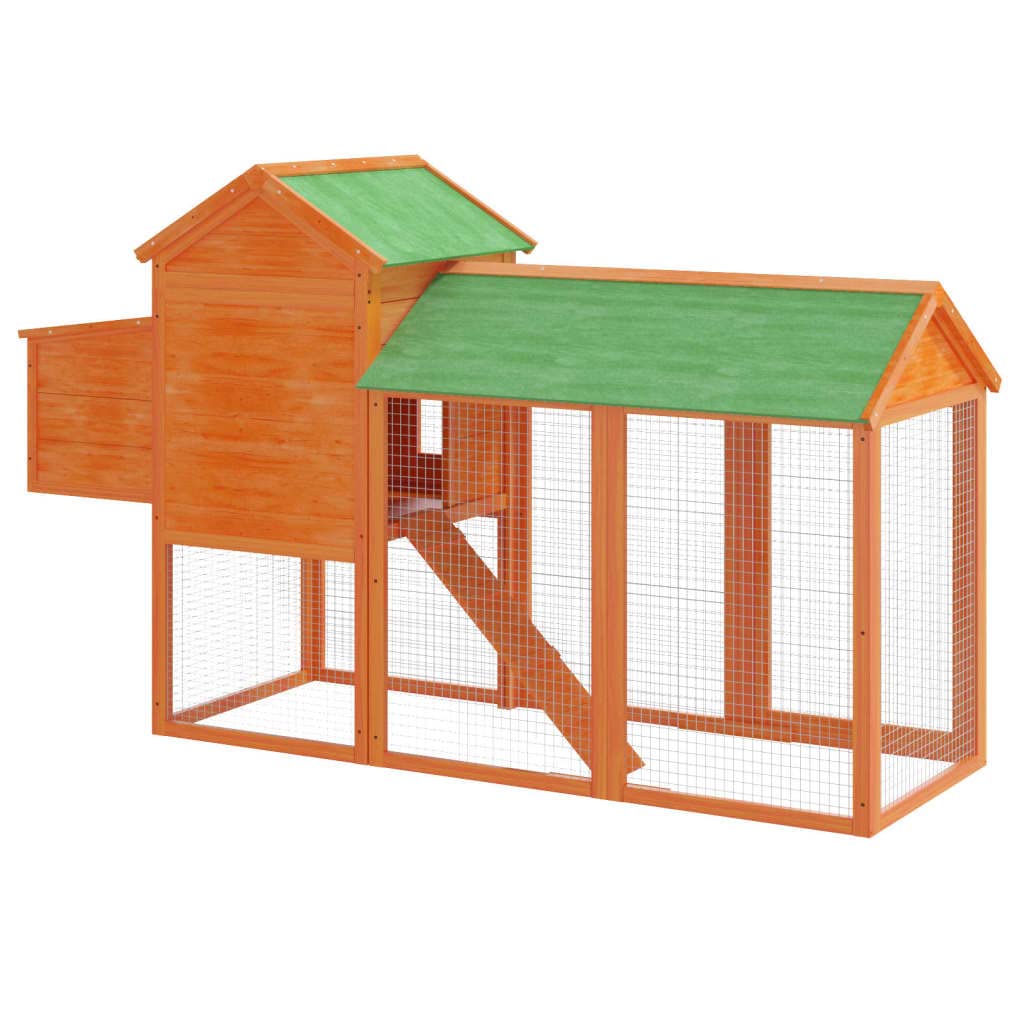 Gallinero Todo en Uno Marrón 193x65x117 cm de Madera maciza de pino con recinto, pajarera, Zona de descanso y Rampa de acceso, vallas de malla transpirables y techo resistente al agua