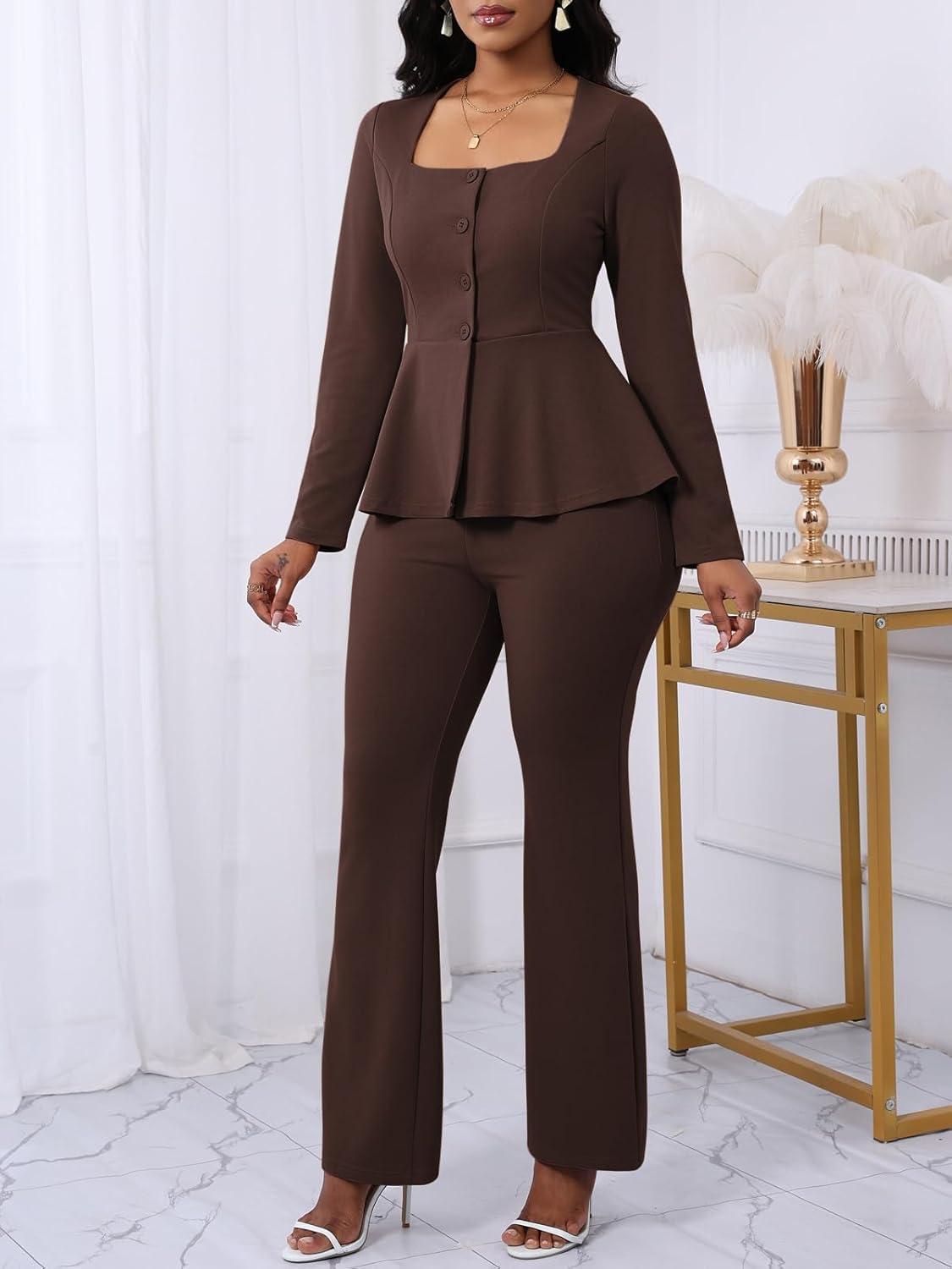 Ekaliy Women's 2 Piece Pants Suit Long Sleeve Blazer Flare Pant Set Casual Office Work Outfits - Image 3