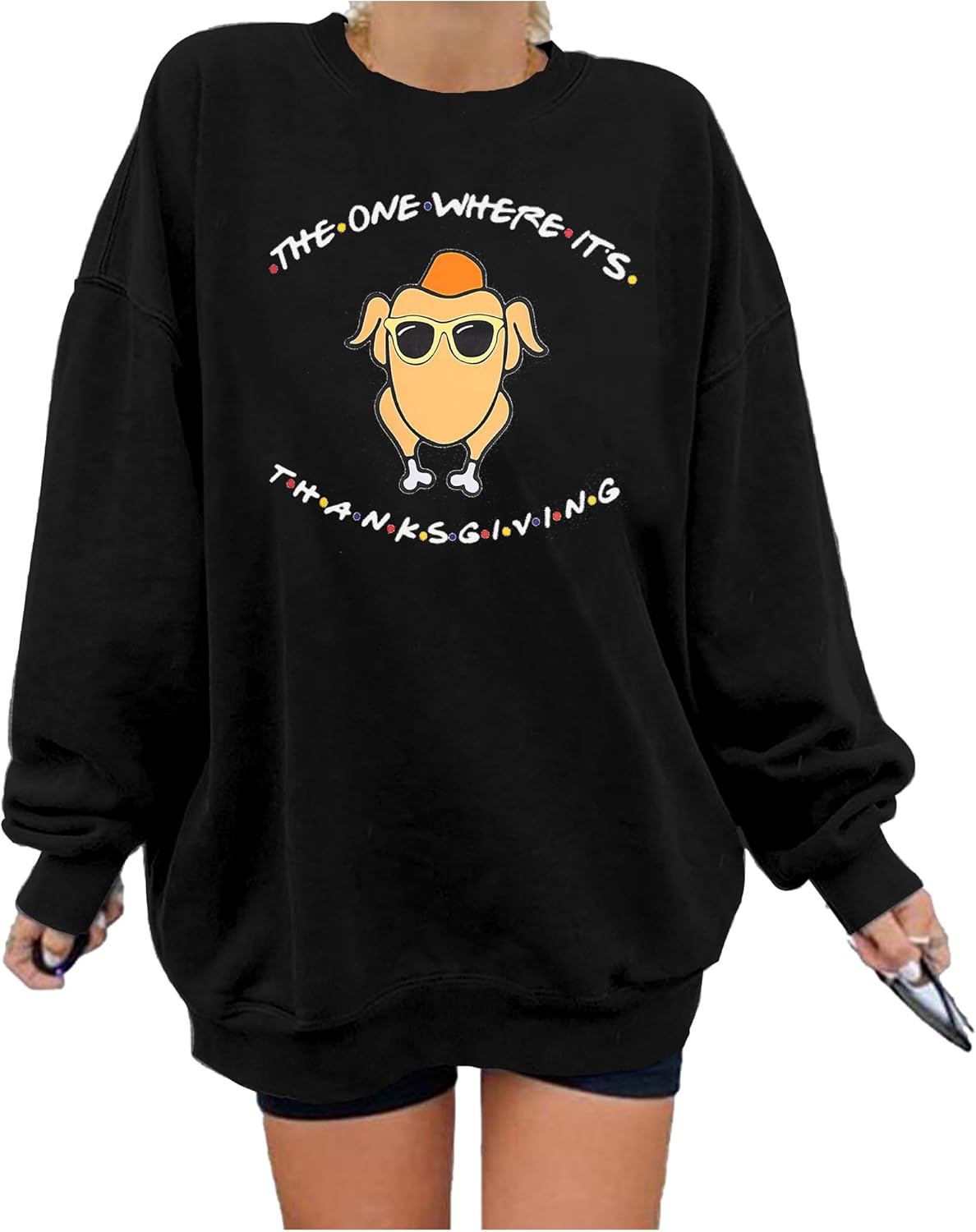 MNLYBABY Thanksgiving Sweatshirt Women Oversized Friends Thanksgiving Turkey Graphic Shirt Grateful Blessed Long Sleeve Tops