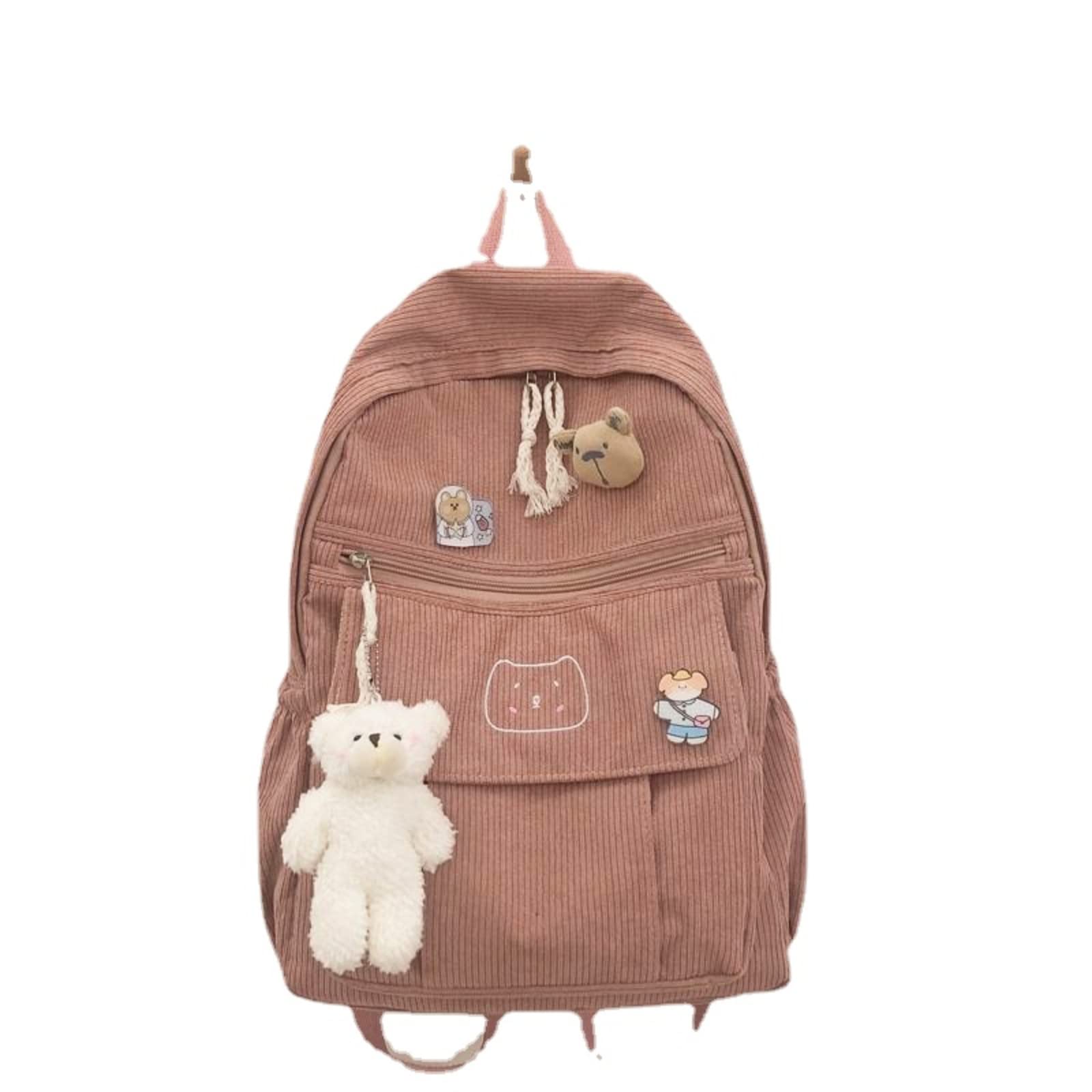 YUESUO Large Kawaii Corduroy Backpack with Cute Bear Pendant Vintage Bag for Girl Student School Bag Bookbag Satchel Laptop (Pink,Medium)