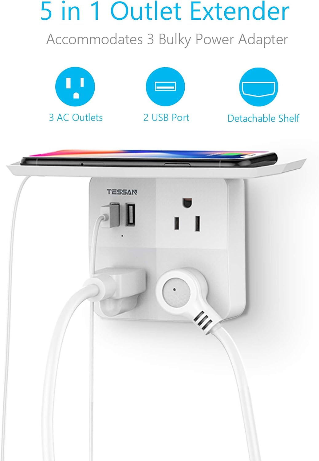 Multi Plug Outlet Extender with 2 USB Wall Charger, Socket Outlet Shelf 3 Electrical Outlet Splitter, Multiple Plug Expander for Bathroom, Bedroom, Dorm Essentials