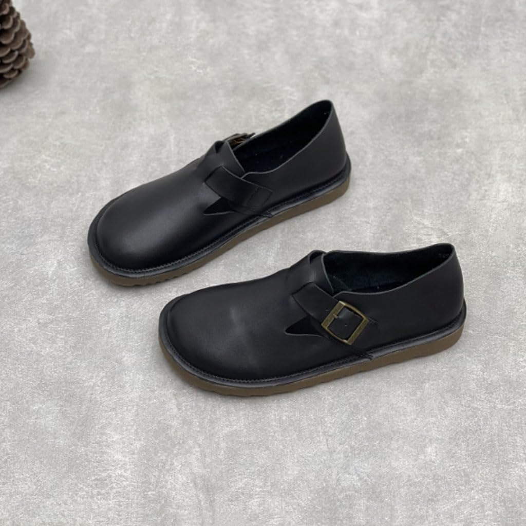 Zapatillas Mujer Planos Piel Auténtica Hebilla Punta Estilo Vintage