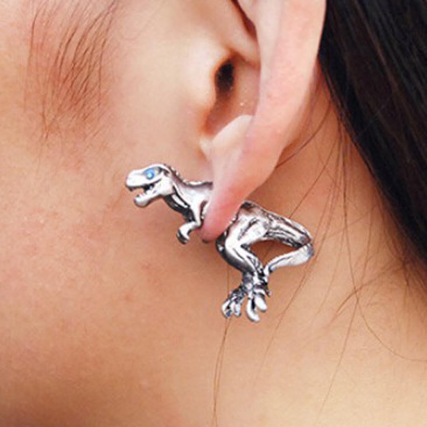 Punk Dinosaur Earrings for Women Silver Dinosaur Ear Jacket Earrings Cute 3D Dinosaur Stud Earrings Fashion Tyrannosaurus Rex Earrings Jewerly Gifts - Image 2
