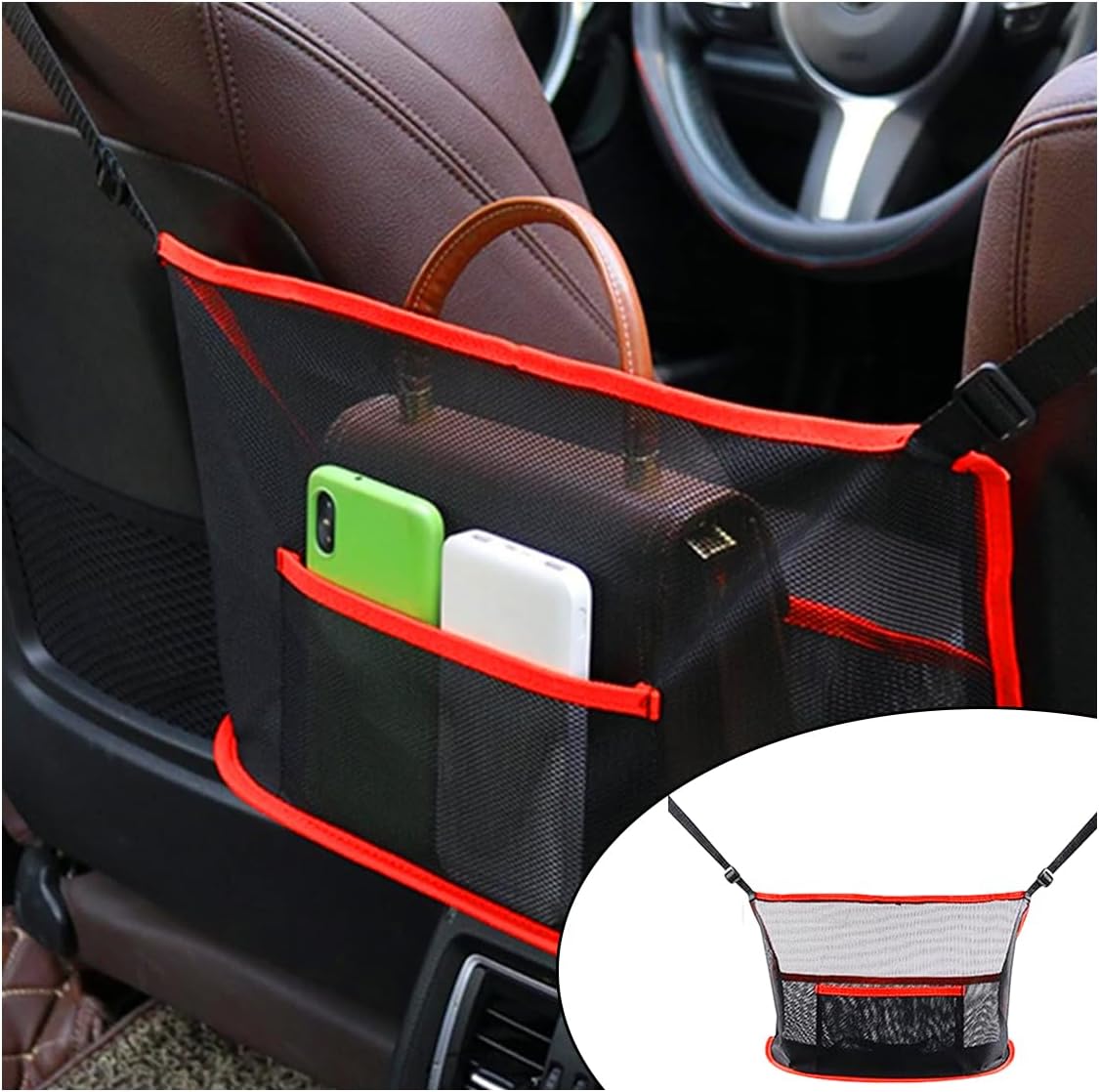 GLSOWEE Handbag Holder for Car, Auto Net Pocket Purse Holder Between Front Seats, Storage Organizer, Universal Accessories for Women and Men, Pet/Kids Barrier (Red)
