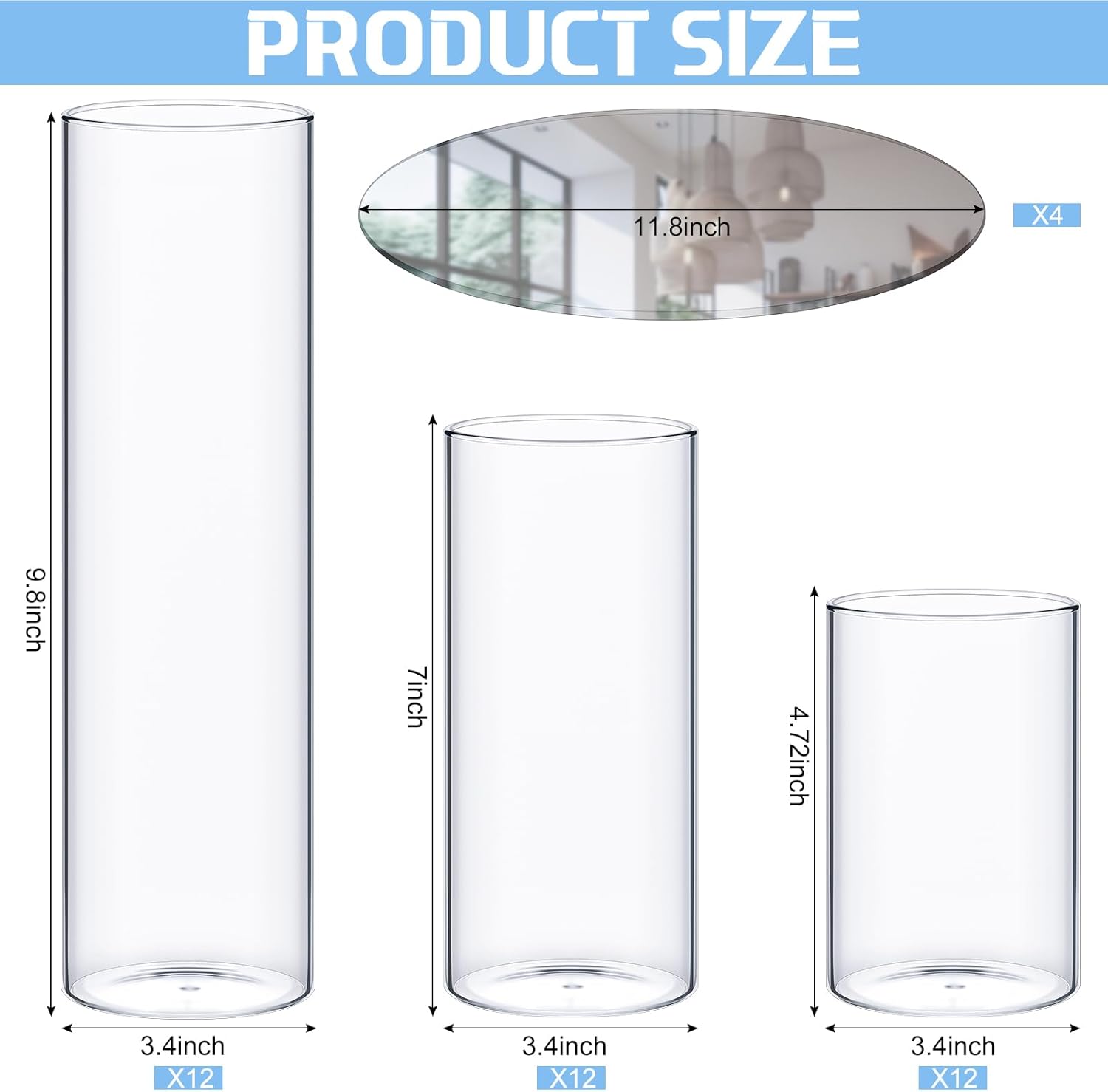 Sawysine 12 Sets 3.4'' X 4.7", 7", 9.8" Large Cylinder Vase Centerpiece with Mirror Tray Included Round Glass Mirror Trays Glass Vases for Centerpiece for Wedding Table Baby Shower Party Decoration