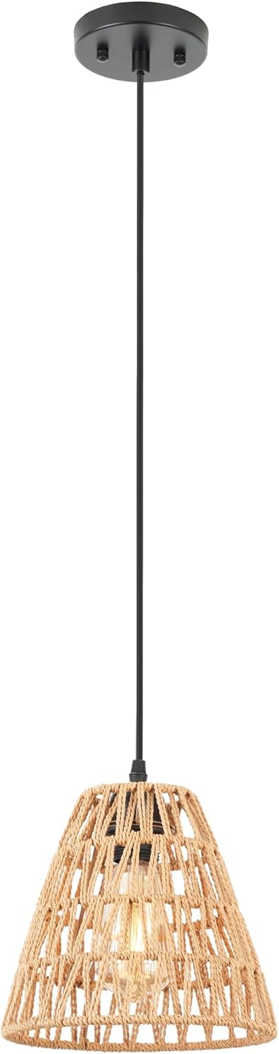 Rattan Pendant Light Fixture, 9" Boho Farmhouse Hand-Woven Wicker Cone Hanging Ceiling Light, Adjustable Height for Kitchen Island, Entryway, Bedroom, Hallway EH66185P1