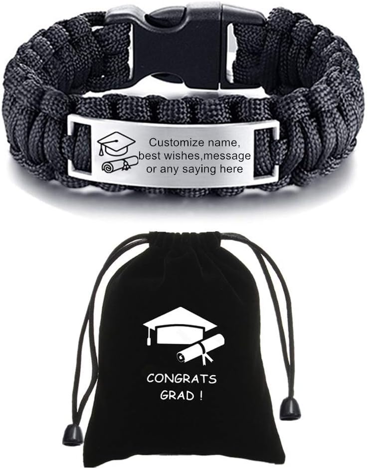 Customized Graduation Bracelet for Men,Personalized Survival Paracord Bracelet Bangle for Graduates,Inspired Graduating Jewelry Gifts for Class of 2021 Grads,9 Inch,Black,Brown - Image 1 of 7