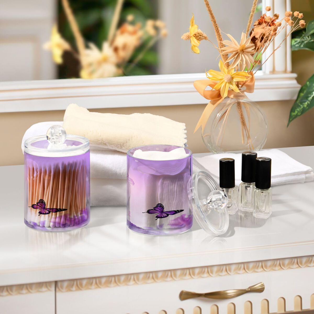 Violetter Schmetterlings-Qtip-Halter, 400 ml, Apothekergläser, Badezimmer-Organizer, Behälter für Qtips, Wattestäbchen, Wattebälle, Kosmetik-Pads, Flossers, Badesalz, 2 Stück
