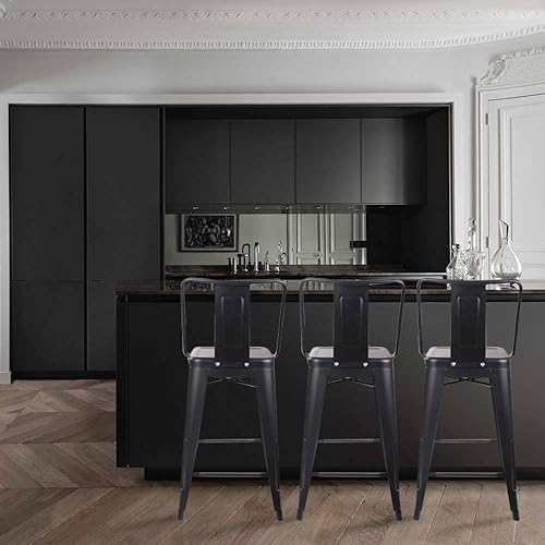 Miniatura 47 de GIA Taburete de metal con respaldo medio de 24 pulgadas de altura de mostrador con asiento de madera oscura, 1 paquete, color negro Negro -,Blanco