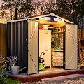 Breezestival 6x4FT Outdoor Storage Shed with Magnetic Sensor Lights, Metal Garden Tool Shed with Sloping Roof & Lockable Door for Patio Lawn Backyard (Black)