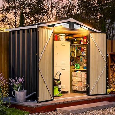 Breezestival 6x4FT Outdoor Storage Shed with Magnetic Sensor Lights, Metal Garden Tool Shed with Sloping Roof & Lockable Door for Patio Lawn Backyard (Black)