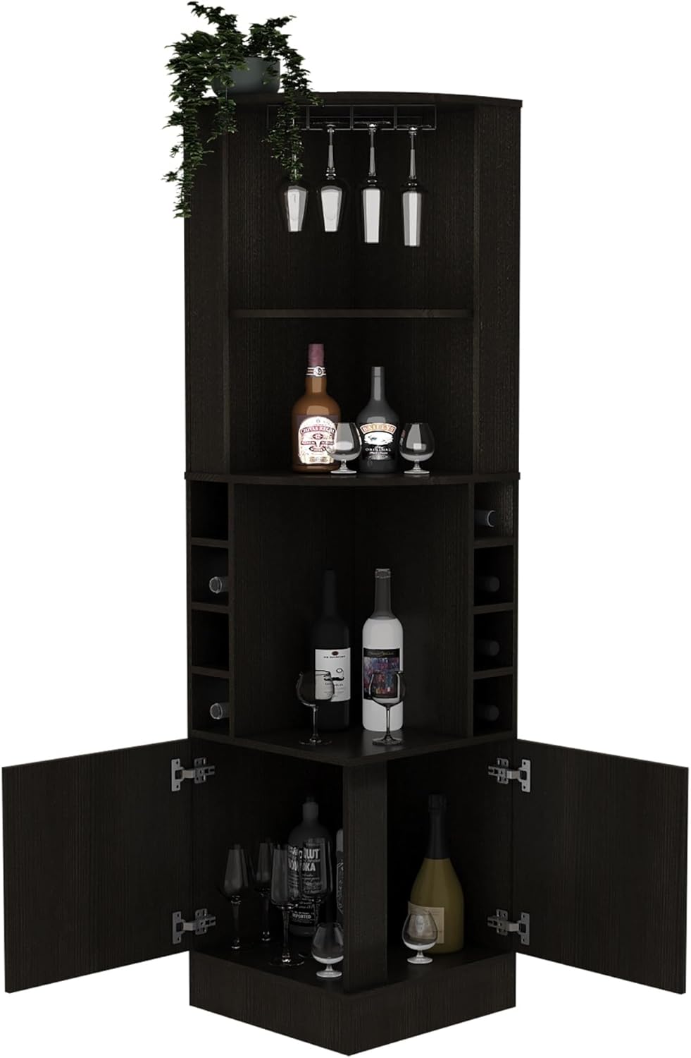 Corner Bar Cabinet, Eight Bottle Cubbies, Double Door, Two Open Shelves,for The Kitchen