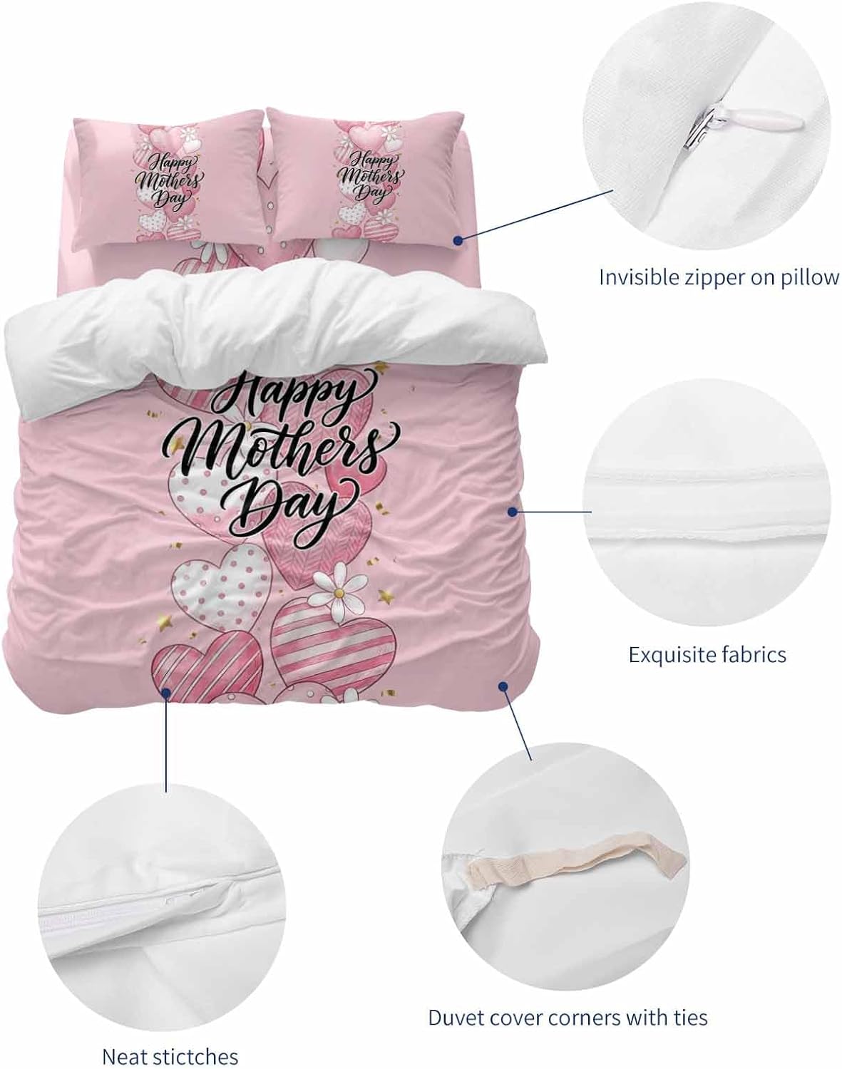 Duvet Cover Cal. King Size - 4 Pieces Bedding Set, Happy Mother's Day Bedding Comforter Covers Zipper Closure, 1 Duvet Covers 1 Fitted Sheet 2 Pillow Shams Pink Romantic Love Heart Flowers