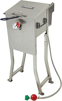 Bayou Classic 700-725 2.5-gal Stainless Bayou Fryer Freestanding or Table Top Includes Stainless Mesh Basket Fry Thermometer Drain Valve High Pressure Regulator w/ 48-in Stainless Braided LPG Hose