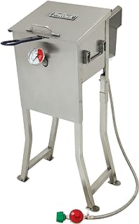 Bayou Classic 700-725 2.5-gal Stainless Bayou Fryer Freestanding or Table Top Includes Stainless Mesh Basket Fry Thermometer Drain Valve High Pressure Regulator w/ 48-in Stainless Braided LPG Hose