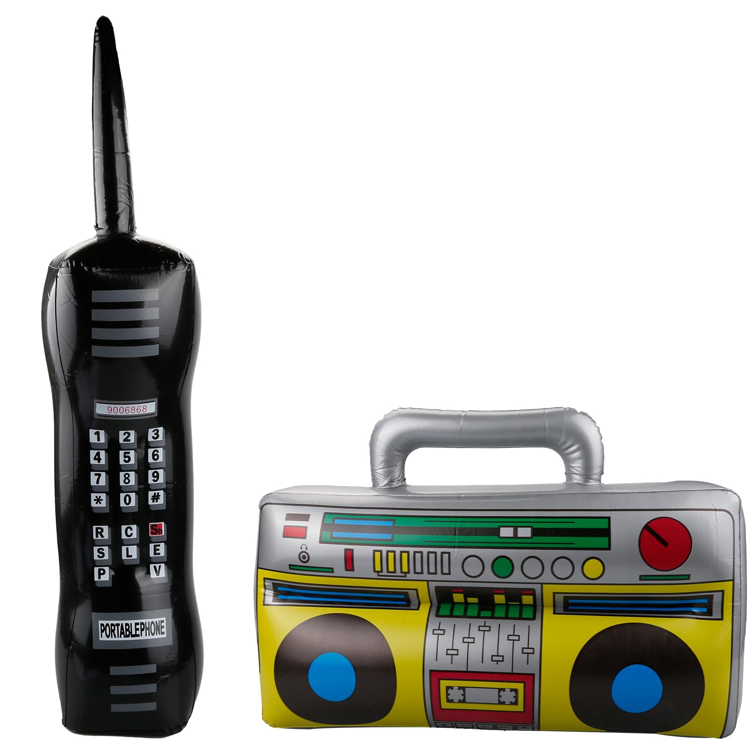 2-Piece Inflatable Rock Star Toys Set - Inflatable 3D Boombox and Jumbo Inflatable Mobile Phone Props for Classic, Retro 80s and 90s Parties, Fancy Dress Accessories and Party Decorations