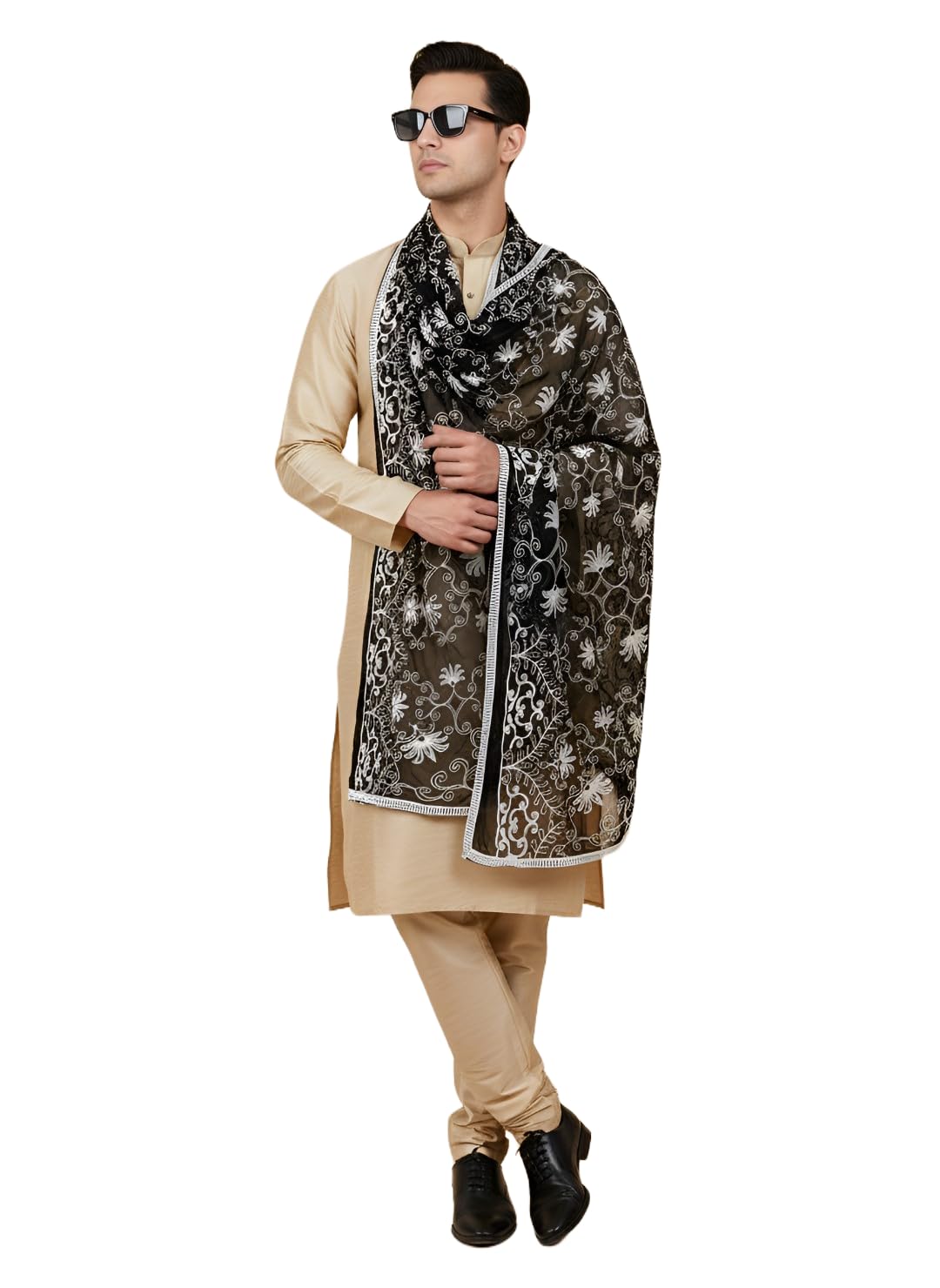 muffly Men's Embroidered Chiffon Dupatta Floral Pattern-picture-37