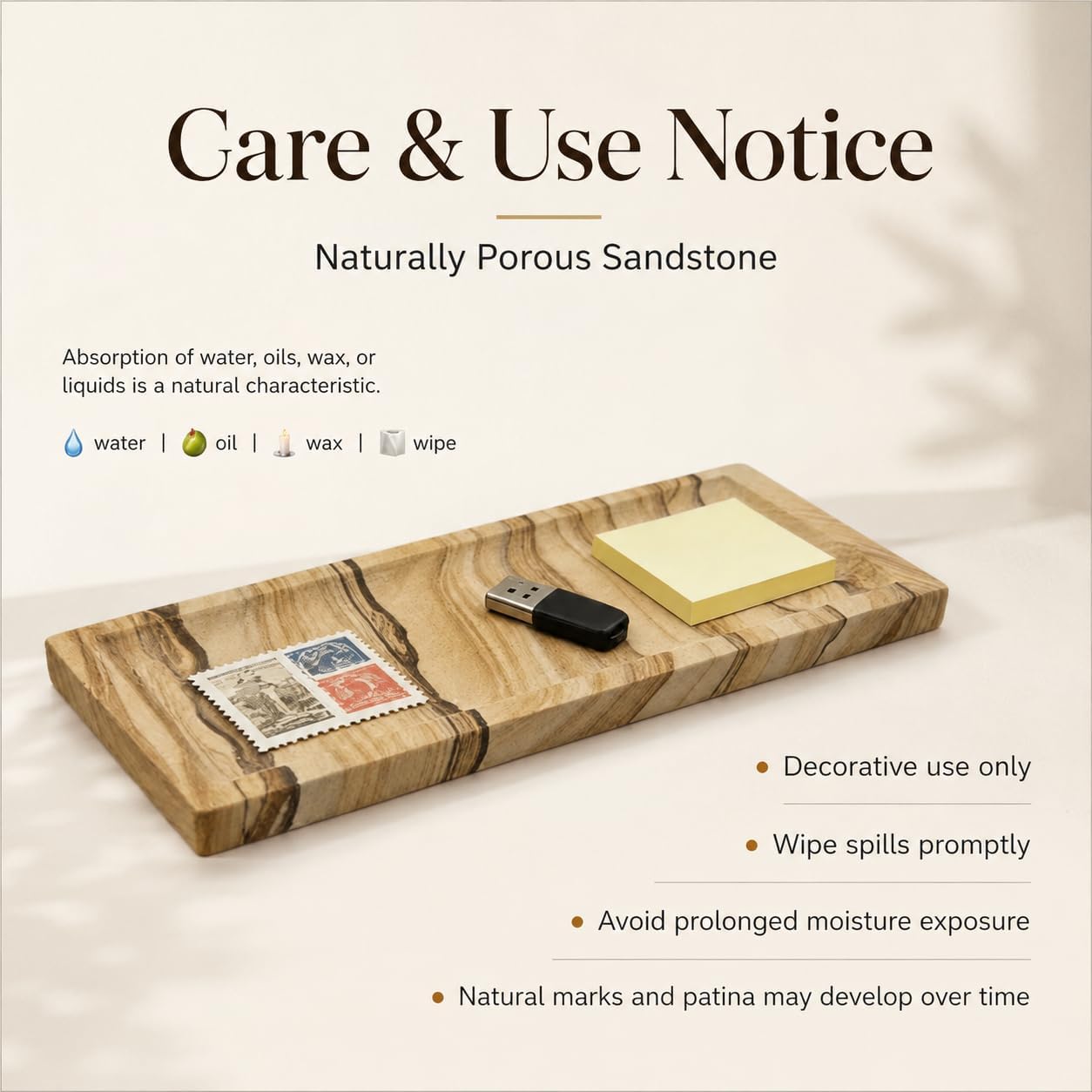 Sandstone Tray for Bathroom Countertop, Rectangular Stone Decorative Tray, Vanity Tray for Makeup, Perfume, Skincare, Jewelry & Bathroom Accessories (Earth Tone)